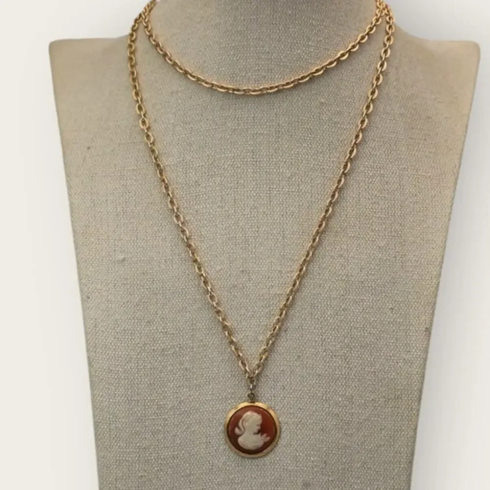Cameo Pendant Necklace Gold Vintage Victorian Revival Coral Ivory Portrait